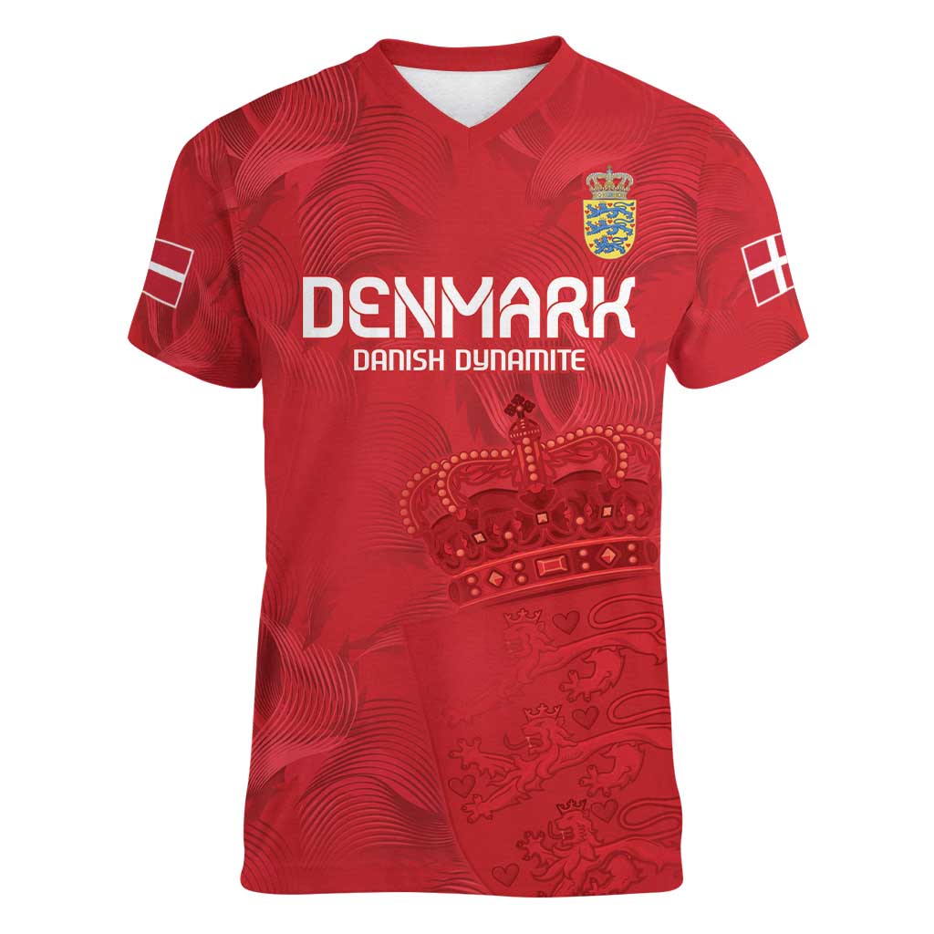 Custom Denmark Football Women V-Neck T-Shirt With Coat of Arm - Wonder Print Shop