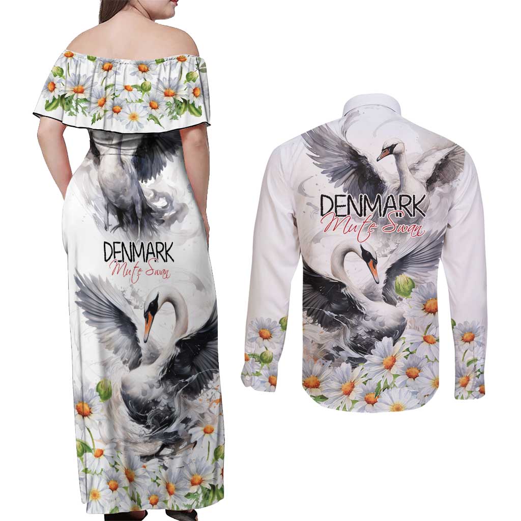 Denmark Mute Swan Couples Matching Off Shoulder Maxi Dress and Long Sleeve Button Shirt With Chamomile Daisy Flowers LT9 - Wonder Print Shop