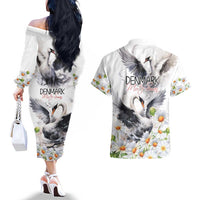 Denmark Mute Swan Couples Matching Off The Shoulder Long Sleeve Dress and Hawaiian Shirt With Chamomile Daisy Flowers LT9 - Wonder Print Shop