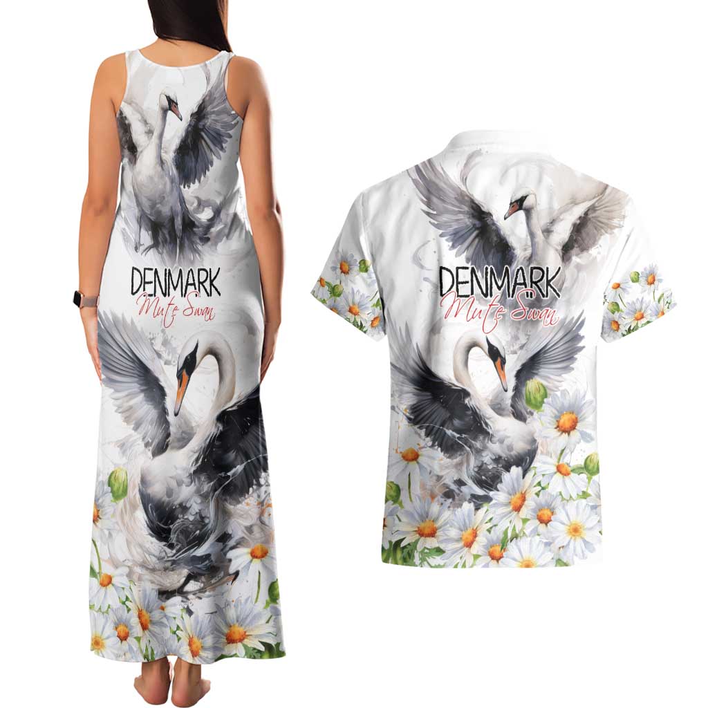 Denmark Mute Swan Couples Matching Tank Maxi Dress and Hawaiian Shirt With Chamomile Daisy Flowers LT9 - Wonder Print Shop
