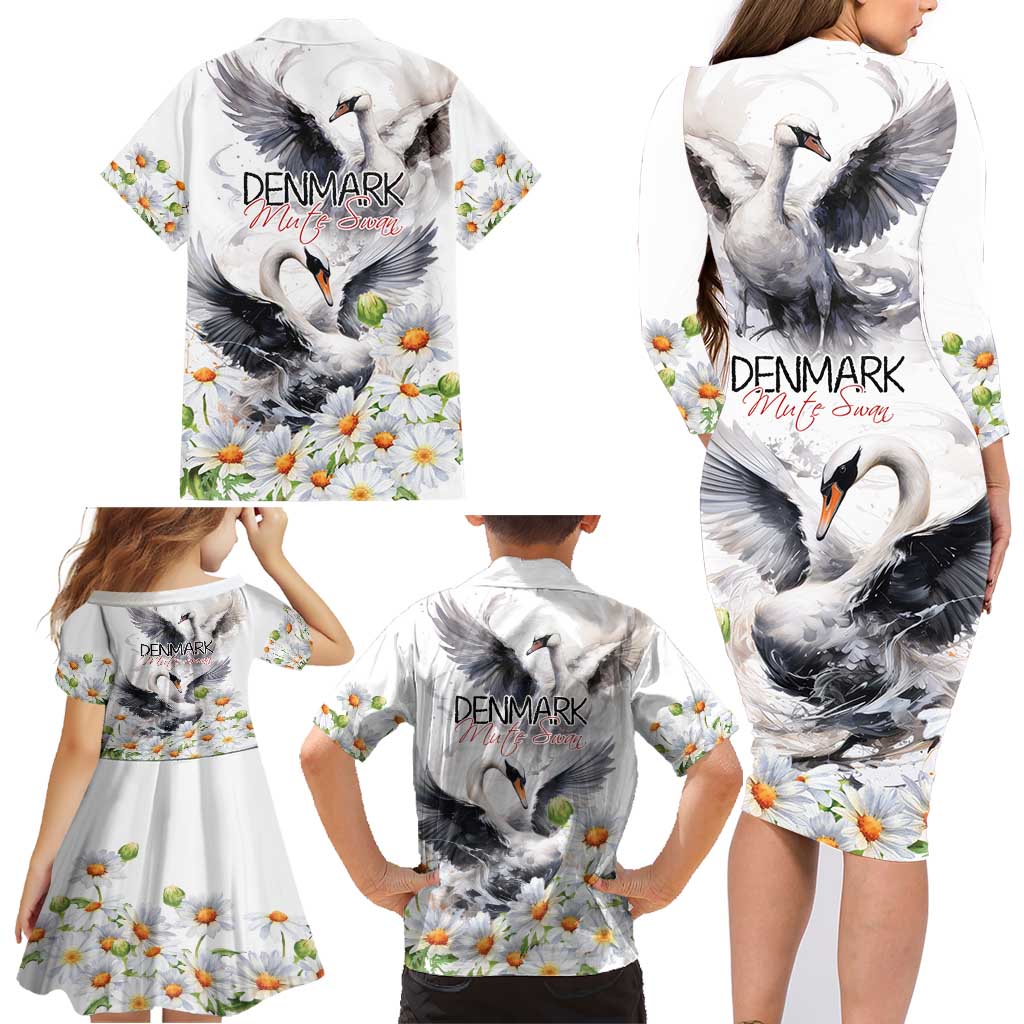 Denmark Mute Swan Family Matching Long Sleeve Bodycon Dress and Hawaiian Shirt With Chamomile Daisy Flowers LT9 - Wonder Print Shop