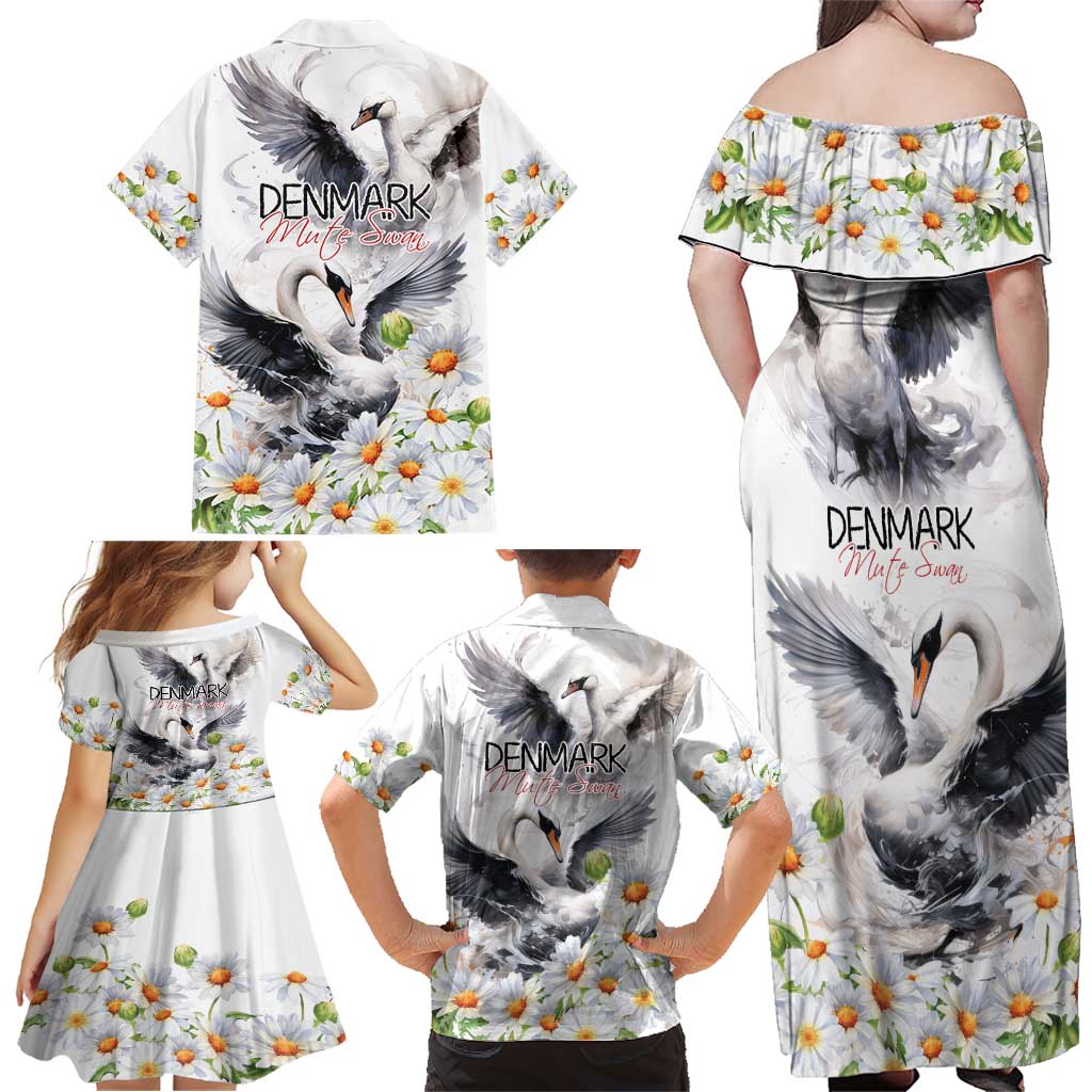 Denmark Mute Swan Family Matching Off Shoulder Maxi Dress and Hawaiian Shirt With Chamomile Daisy Flowers LT9 - Wonder Print Shop