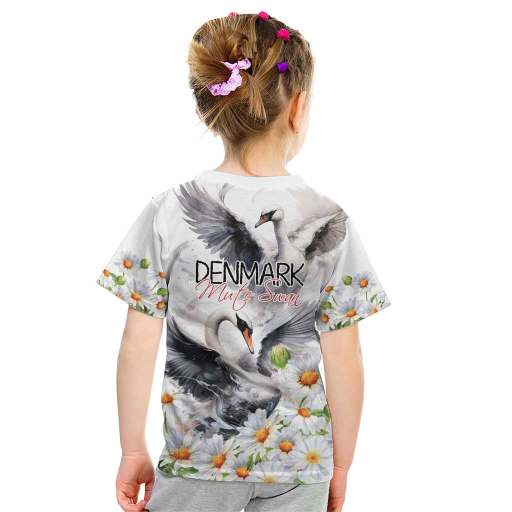 Denmark Mute Swan Kid T Shirt With Chamomile Daisy Flowers - Wonder Print Shop