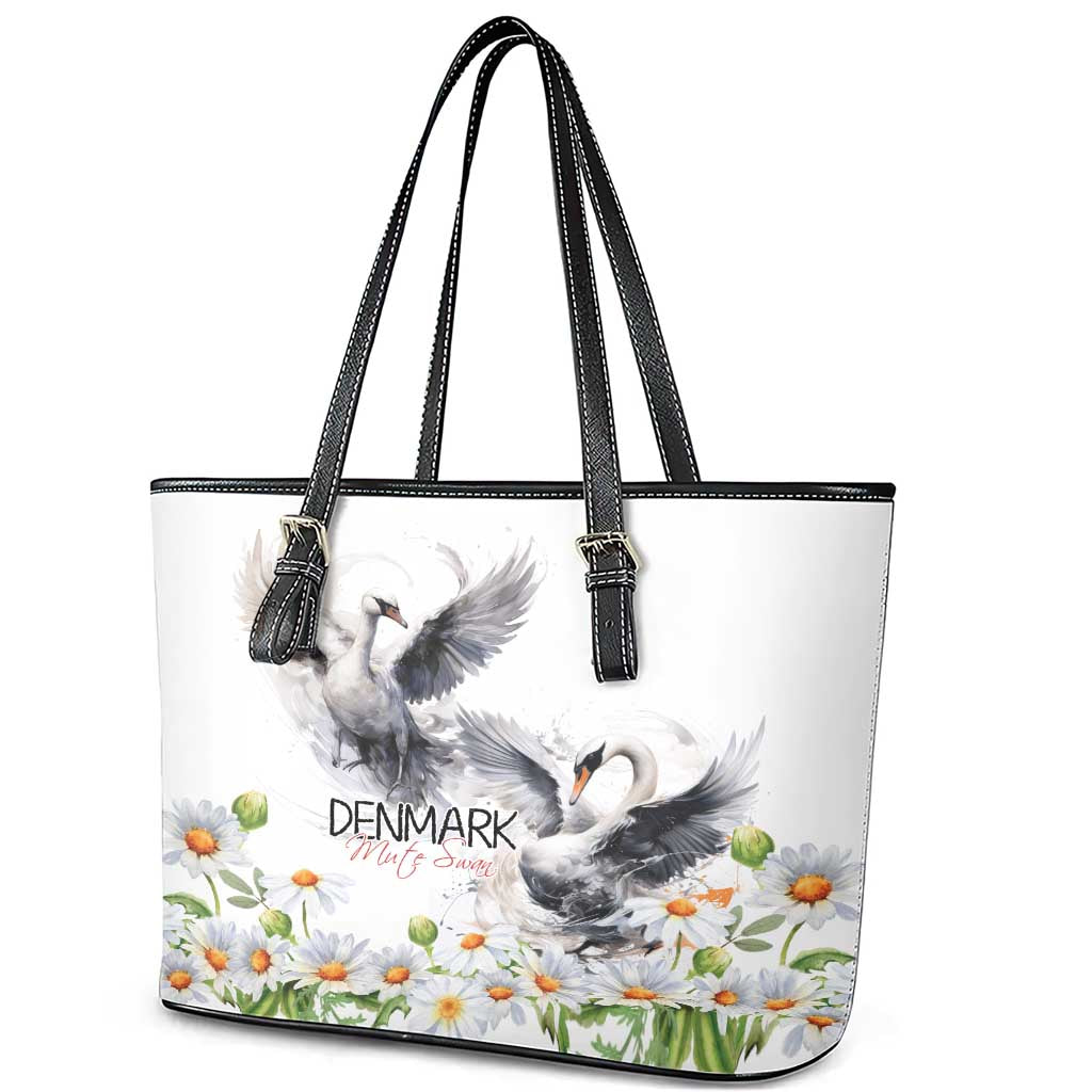 Denmark Mute Swan Leather Tote Bag With Chamomile Daisy Flowers - Wonder Print Shop
