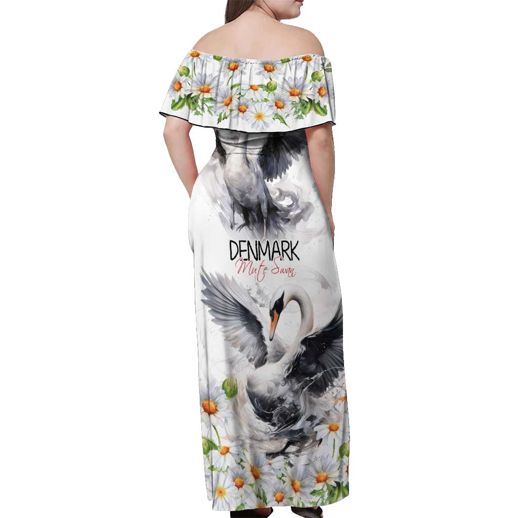 Denmark Mute Swan Off Shoulder Maxi Dress With Chamomile Daisy Flowers - Wonder Print Shop