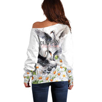 Denmark Mute Swan Off Shoulder Sweater With Chamomile Daisy Flowers - Wonder Print Shop