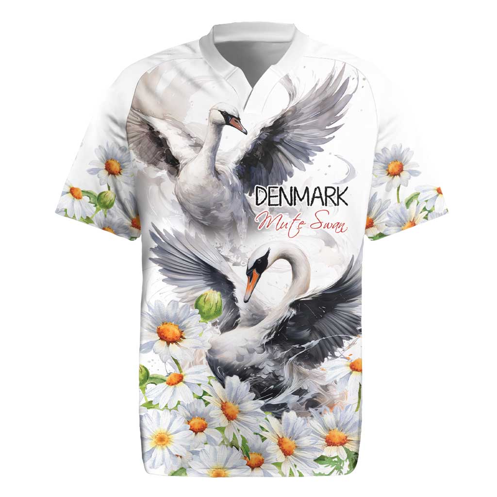 Denmark Mute Swan Rugby Jersey With Chamomile Daisy Flowers - Wonder Print Shop