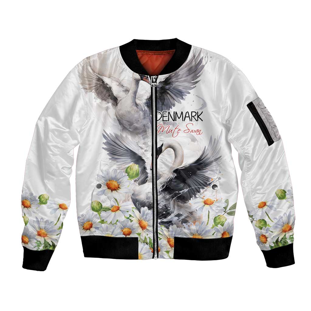 Denmark Mute Swan Sleeve Zip Bomber Jacket With Chamomile Daisy Flowers - Wonder Print Shop