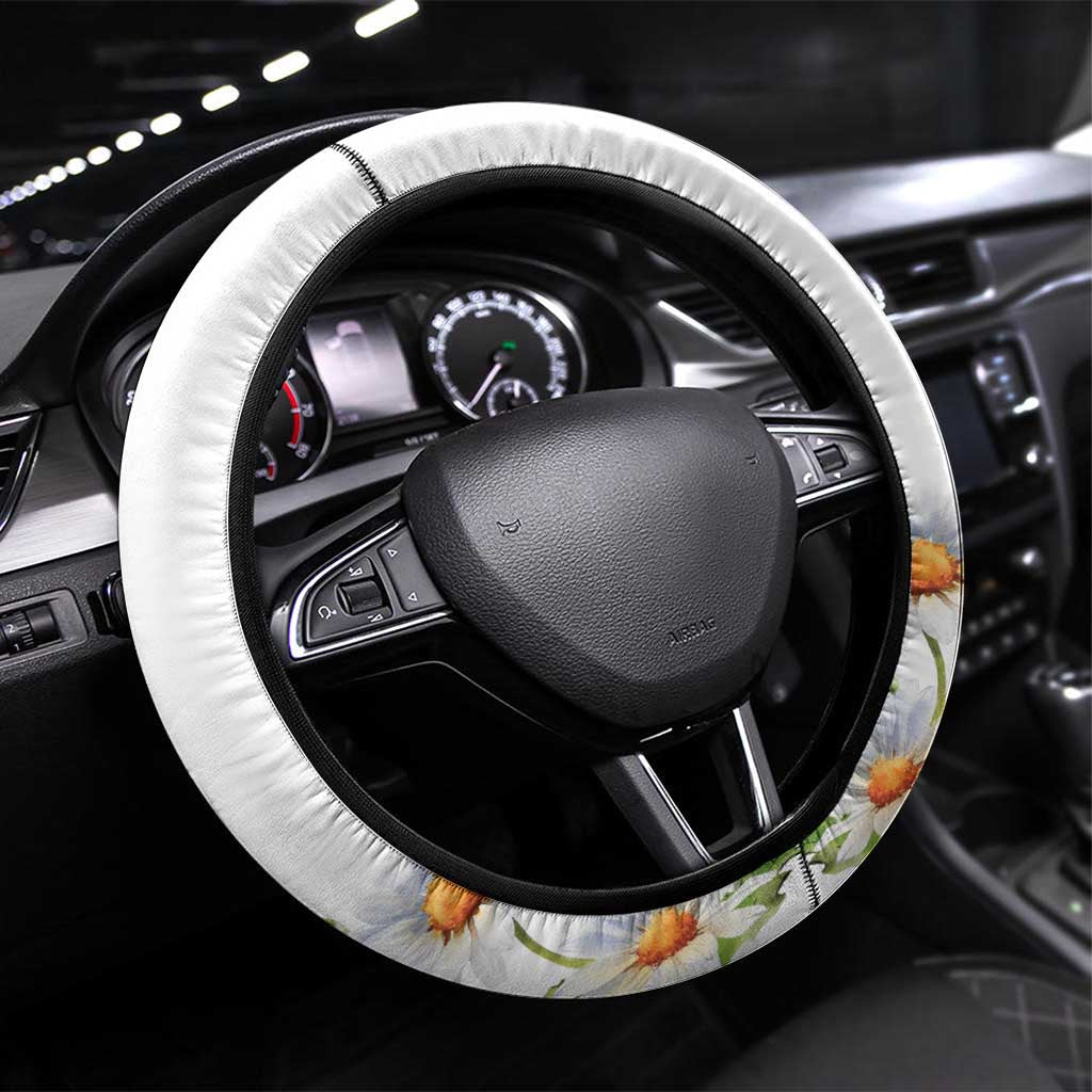 Denmark Mute Swan Steering Wheel Cover With Chamomile Daisy Flowers - Wonder Print Shop