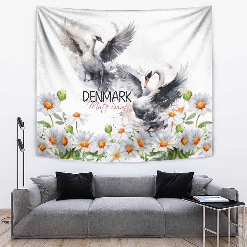 Denmark Mute Swan Tapestry With Chamomile Daisy Flowers - Wonder Print Shop