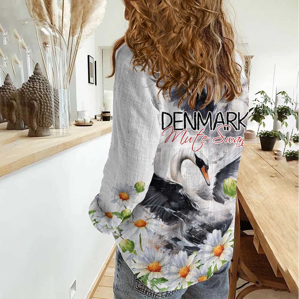 Denmark Mute Swan Women Casual Shirt With Chamomile Daisy Flowers - Wonder Print Shop