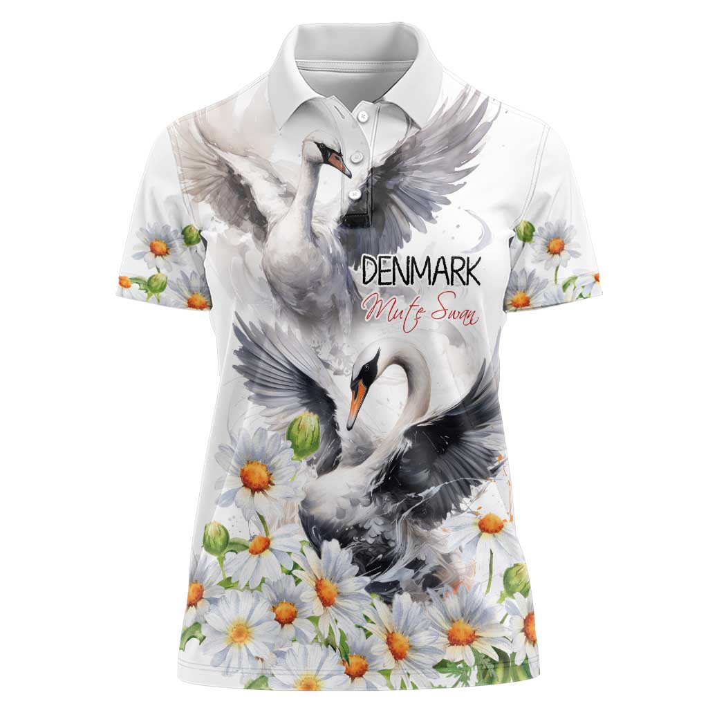 Denmark Mute Swan Women Polo Shirt With Chamomile Daisy Flowers - Wonder Print Shop
