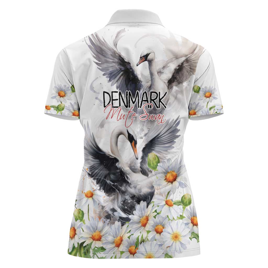 Denmark Mute Swan Women Polo Shirt With Chamomile Daisy Flowers - Wonder Print Shop