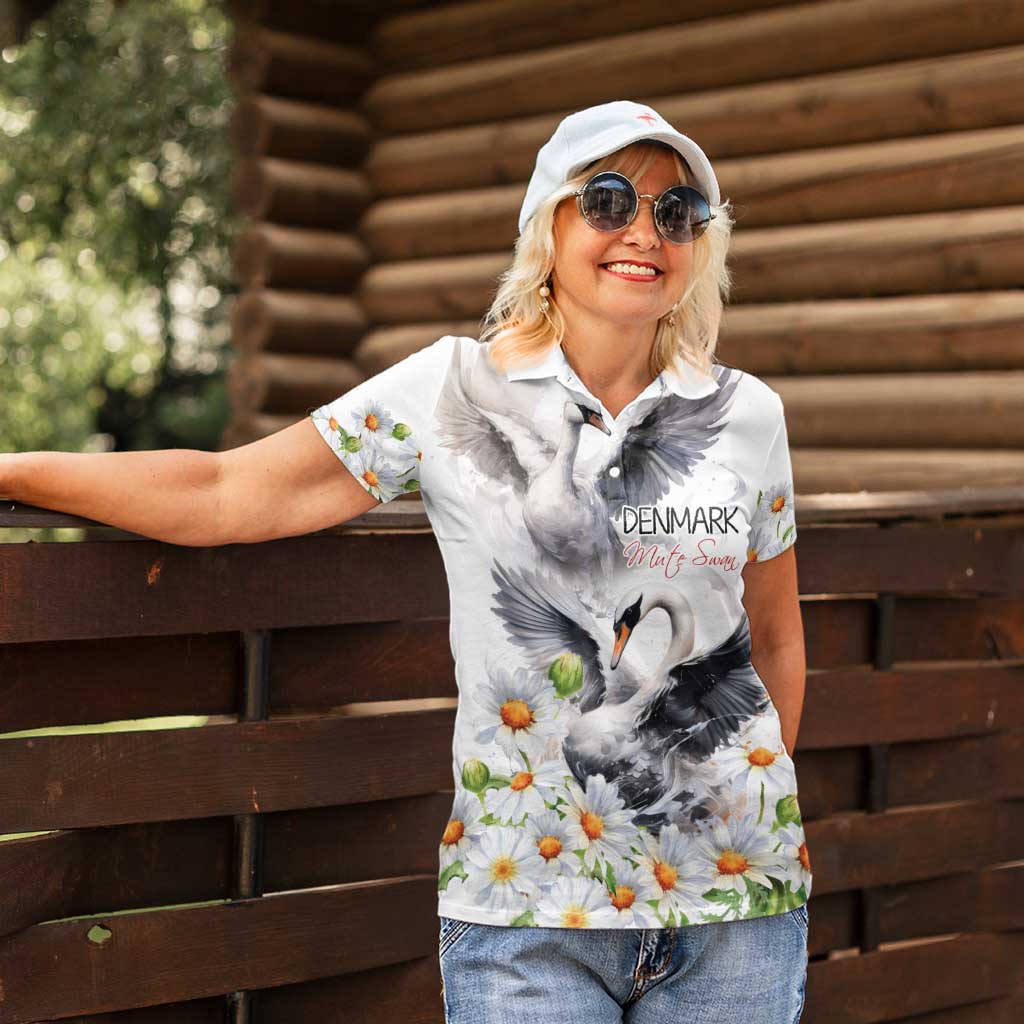 Denmark Mute Swan Women Polo Shirt With Chamomile Daisy Flowers - Wonder Print Shop