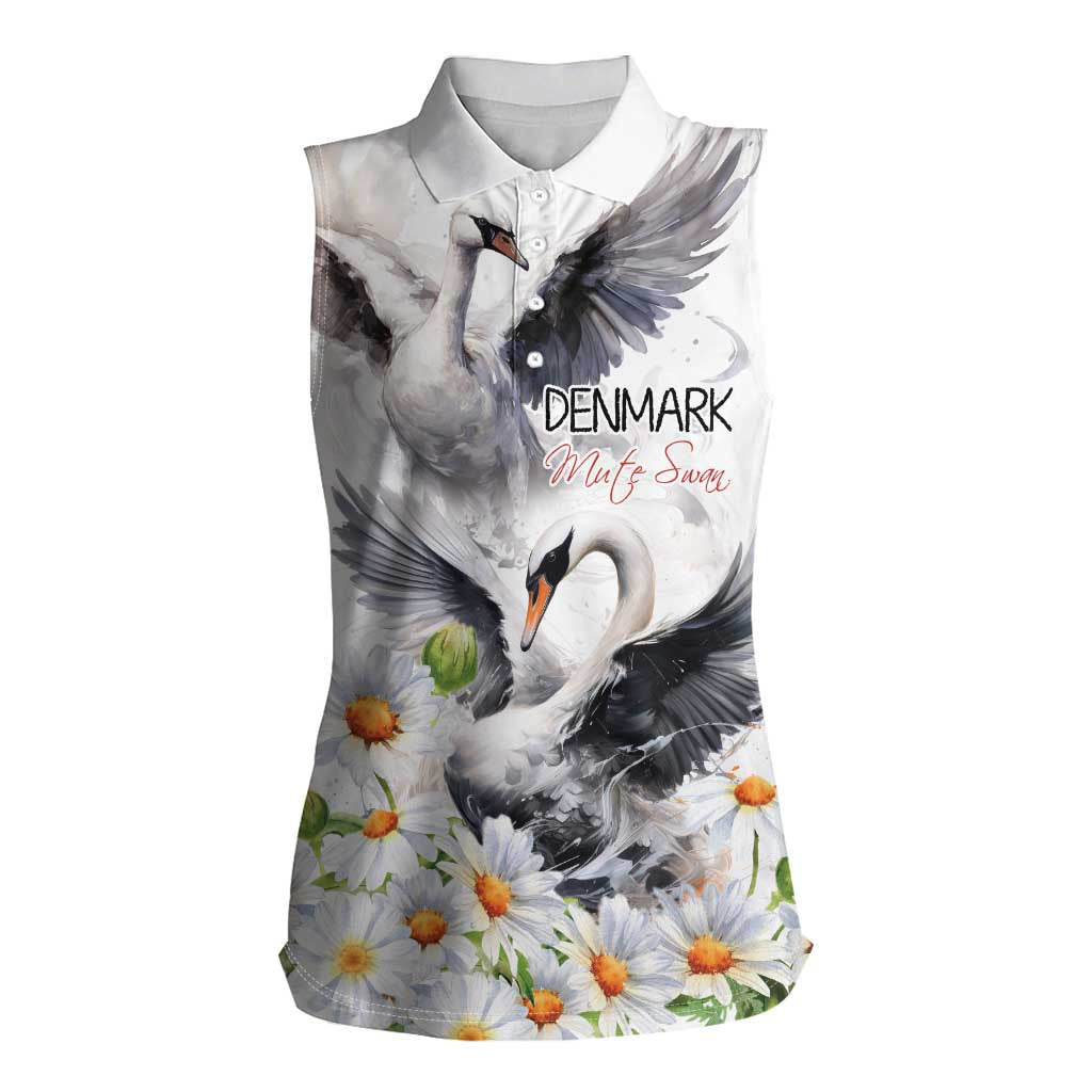 Denmark Mute Swan Women Sleeveless Polo Shirt With Chamomile Daisy Flowers - Wonder Print Shop