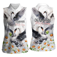 Denmark Mute Swan Women Sleeveless Polo Shirt With Chamomile Daisy Flowers - Wonder Print Shop