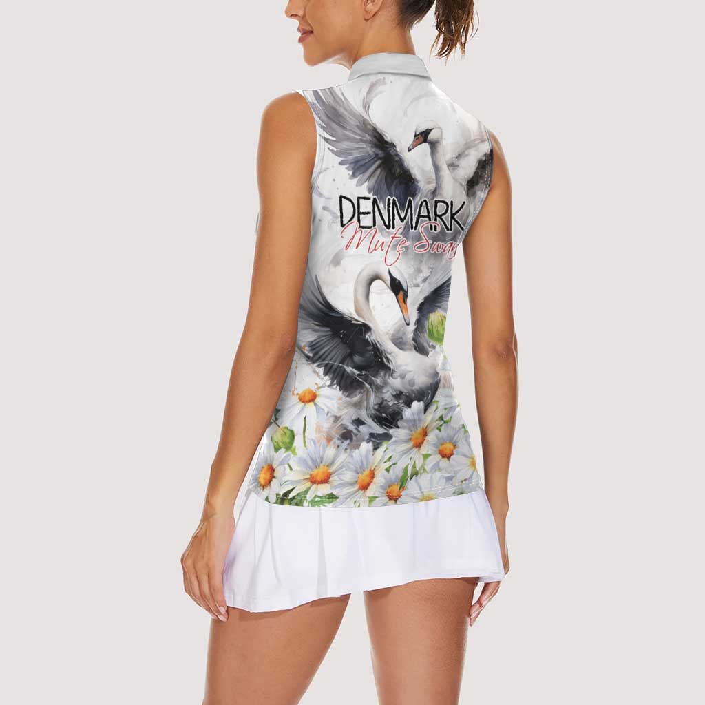 Denmark Mute Swan Women Sleeveless Polo Shirt With Chamomile Daisy Flowers - Wonder Print Shop