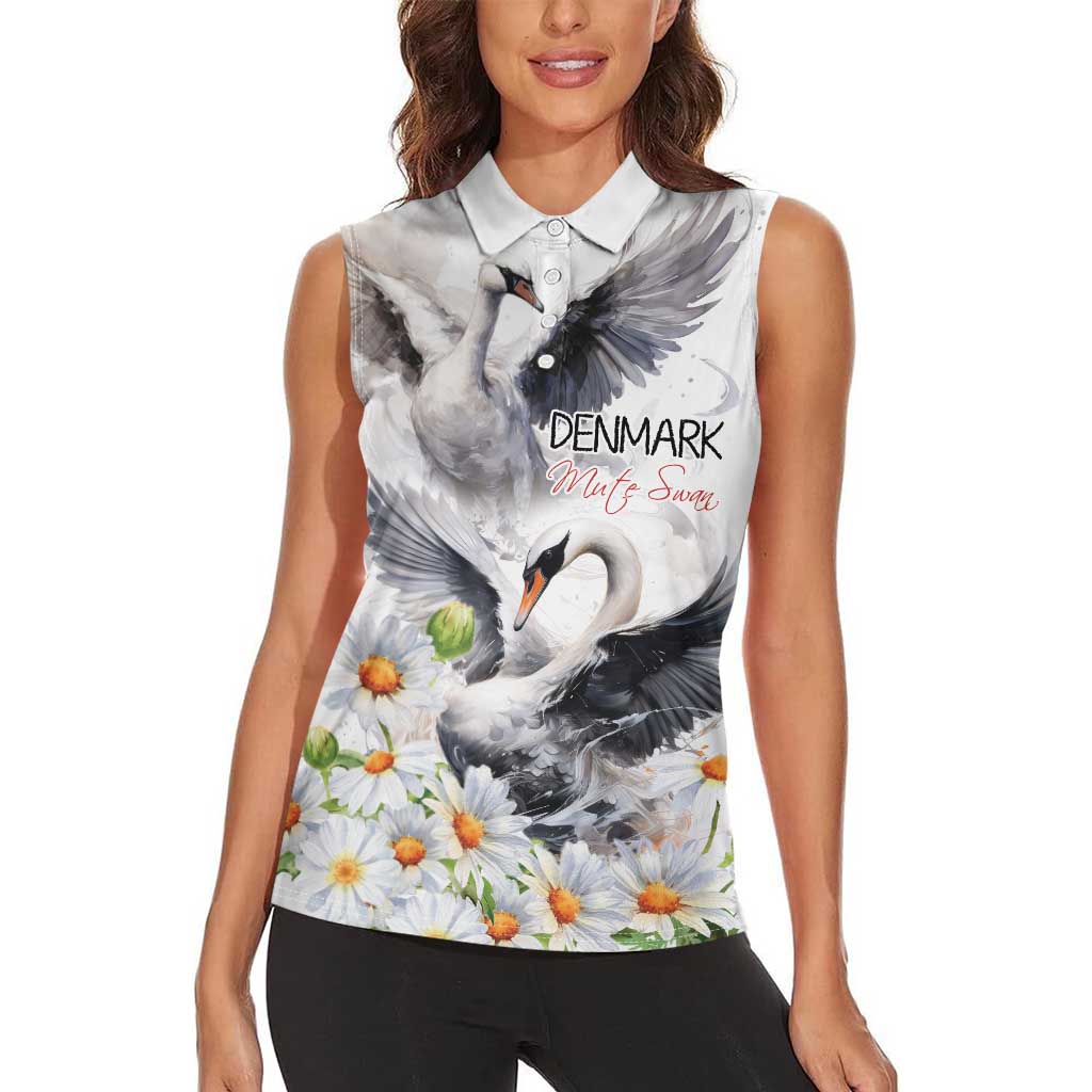 Denmark Mute Swan Women Sleeveless Polo Shirt With Chamomile Daisy Flowers - Wonder Print Shop
