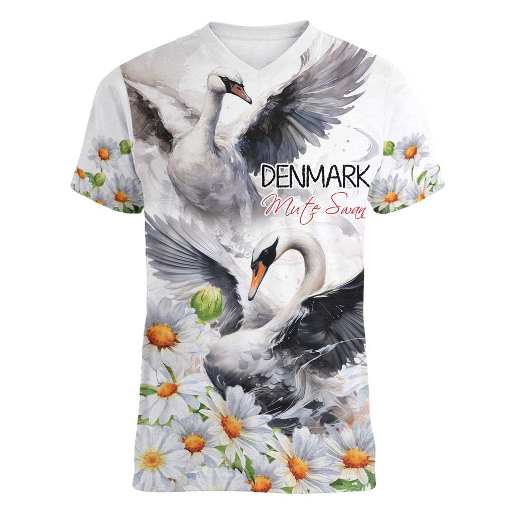 Denmark Mute Swan Women V-Neck T-Shirt With Chamomile Daisy Flowers - Wonder Print Shop