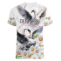 Denmark Mute Swan Women V-Neck T-Shirt With Chamomile Daisy Flowers - Wonder Print Shop