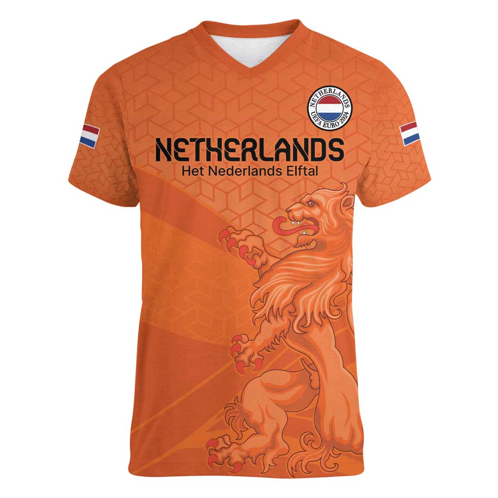 Custom Netherlands Oranje Football Women V-Neck T-Shirt Come On Het Nederlands Elftal - Wonder Print Shop