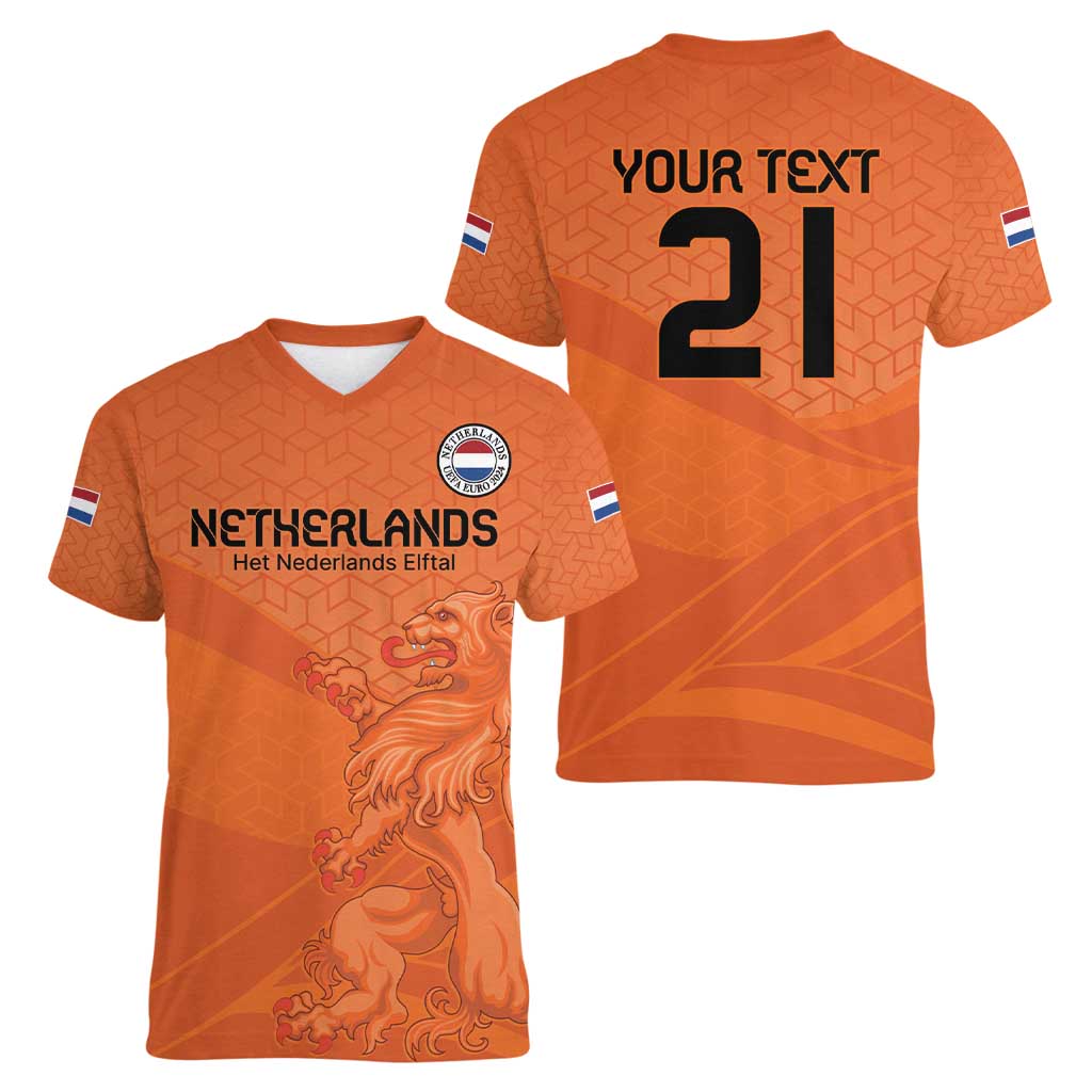 Custom Netherlands Oranje Football Women V-Neck T-Shirt Come On Het Nederlands Elftal - Wonder Print Shop