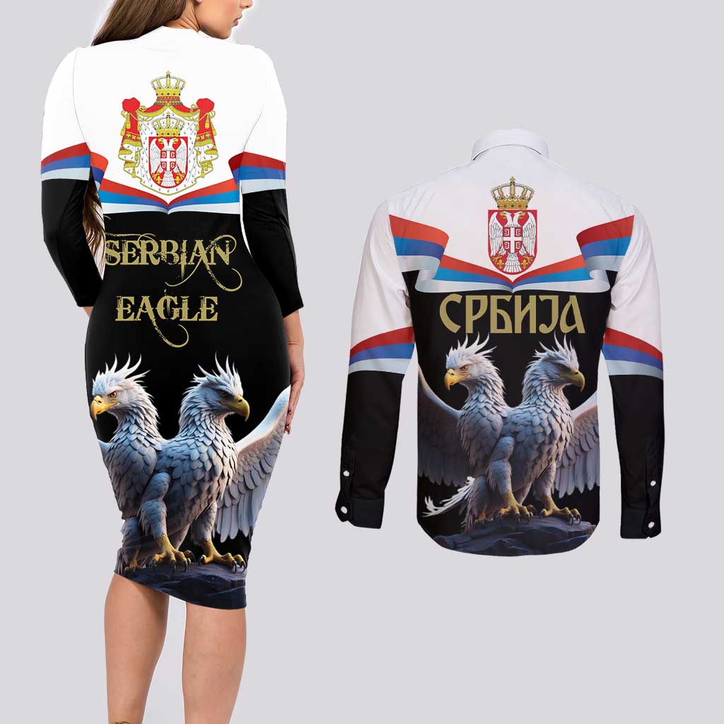 Serbia Silver Double-headed Eagle Couples Matching Long Sleeve Bodycon Dress and Long Sleeve Button Shirt LT9 - Wonder Print Shop
