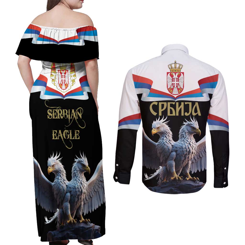 Serbia Silver Double-headed Eagle Couples Matching Off Shoulder Maxi Dress and Long Sleeve Button Shirt LT9 - Wonder Print Shop