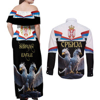 Serbia Silver Double-headed Eagle Couples Matching Off Shoulder Maxi Dress and Long Sleeve Button Shirt LT9 - Wonder Print Shop