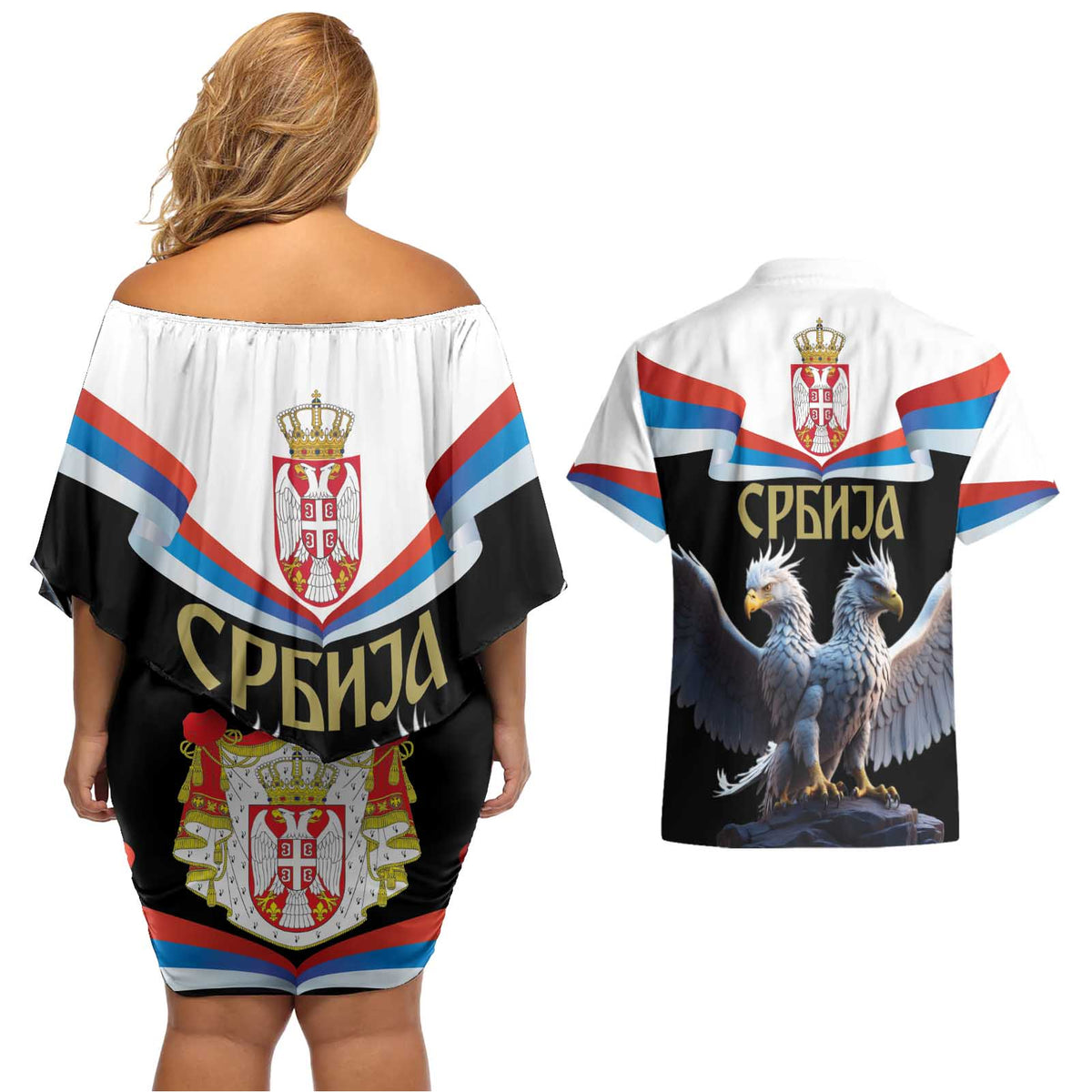 Serbia Silver Double-headed Eagle Couples Matching Off Shoulder Short Dress and Hawaiian Shirt LT9 - Wonder Print Shop