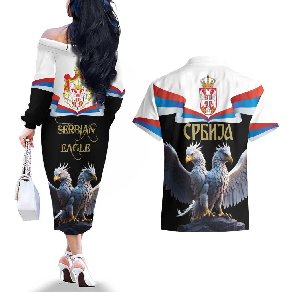 Serbia Silver Double-headed Eagle Couples Matching Off The Shoulder Long Sleeve Dress and Hawaiian Shirt LT9 - Wonder Print Shop