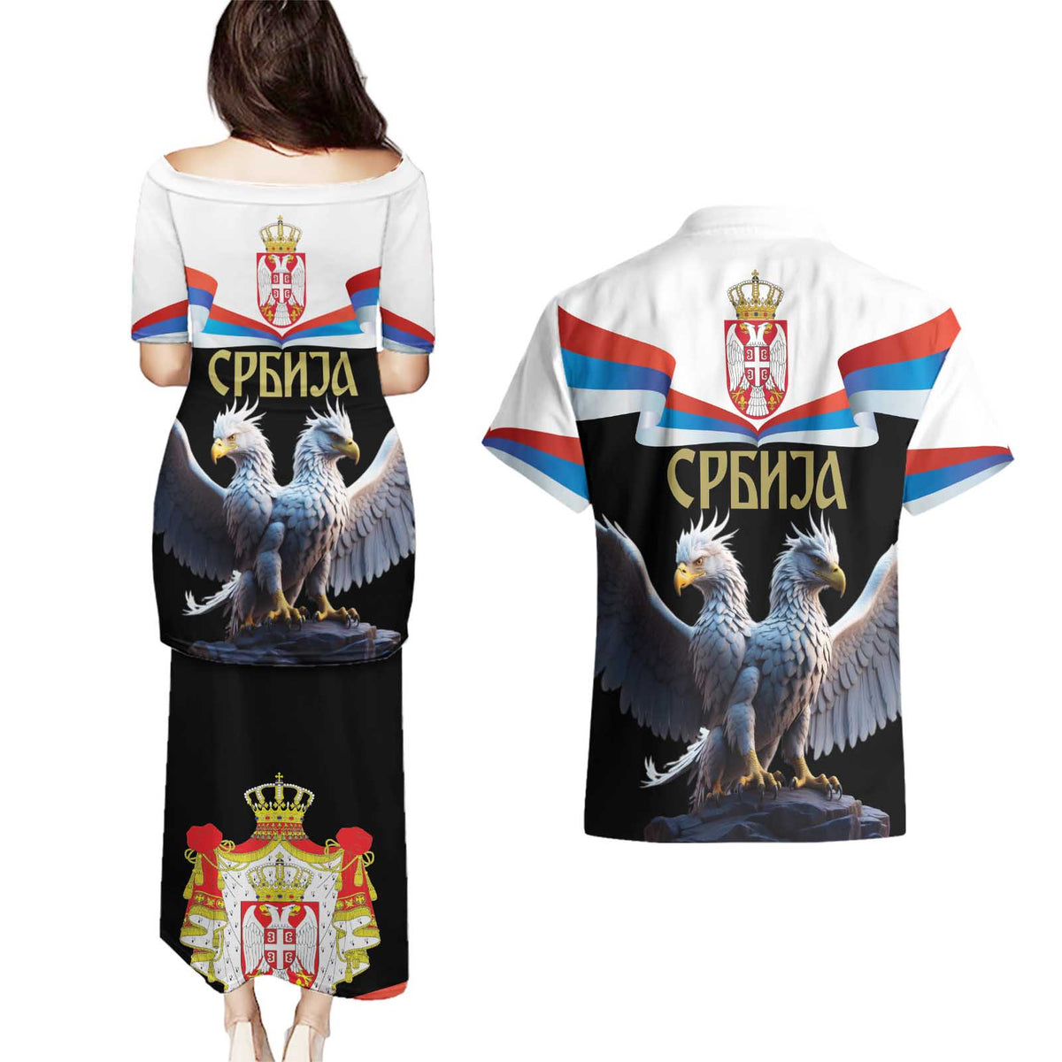 Serbia Silver Double-headed Eagle Couples Matching Puletasi and Hawaiian Shirt LT9 - Wonder Print Shop