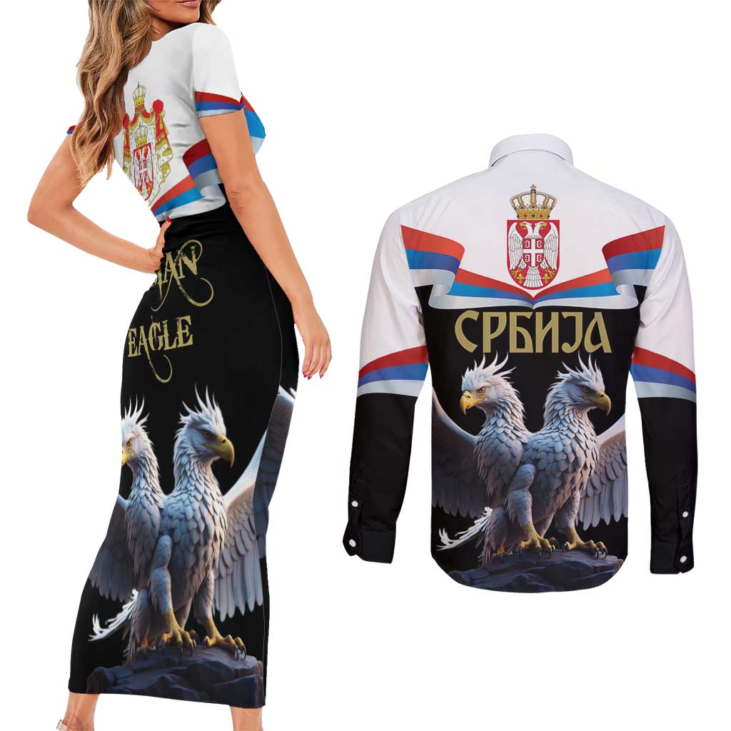 Serbia Silver Double-headed Eagle Couples Matching Short Sleeve Bodycon Dress and Long Sleeve Button Shirt LT9 - Wonder Print Shop