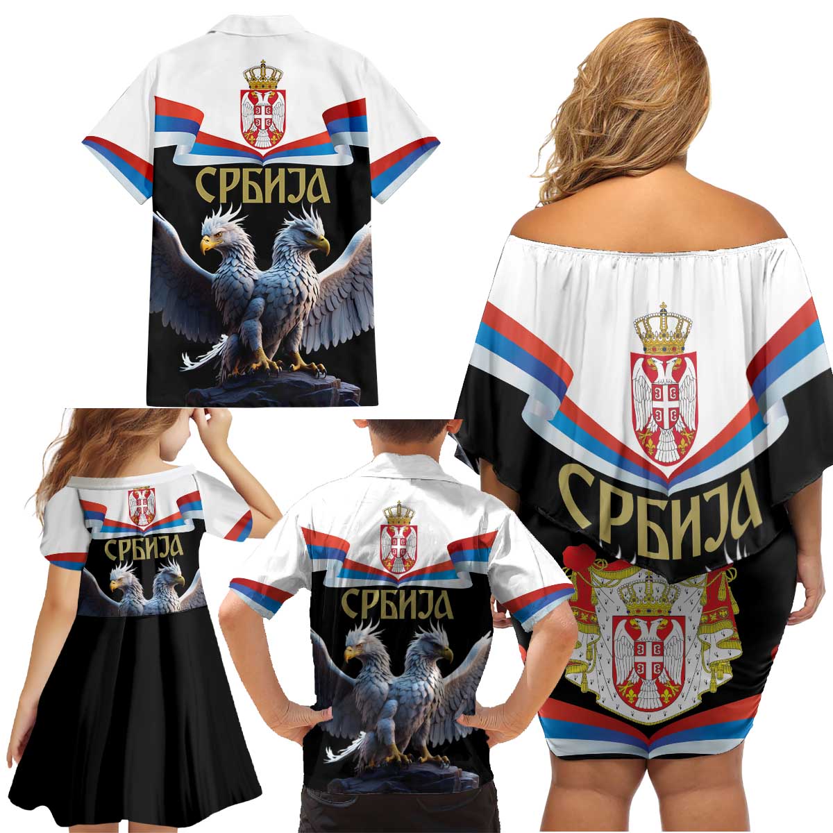 Serbia Silver Double-headed Eagle Family Matching Off Shoulder Short Dress and Hawaiian Shirt LT9 - Wonder Print Shop