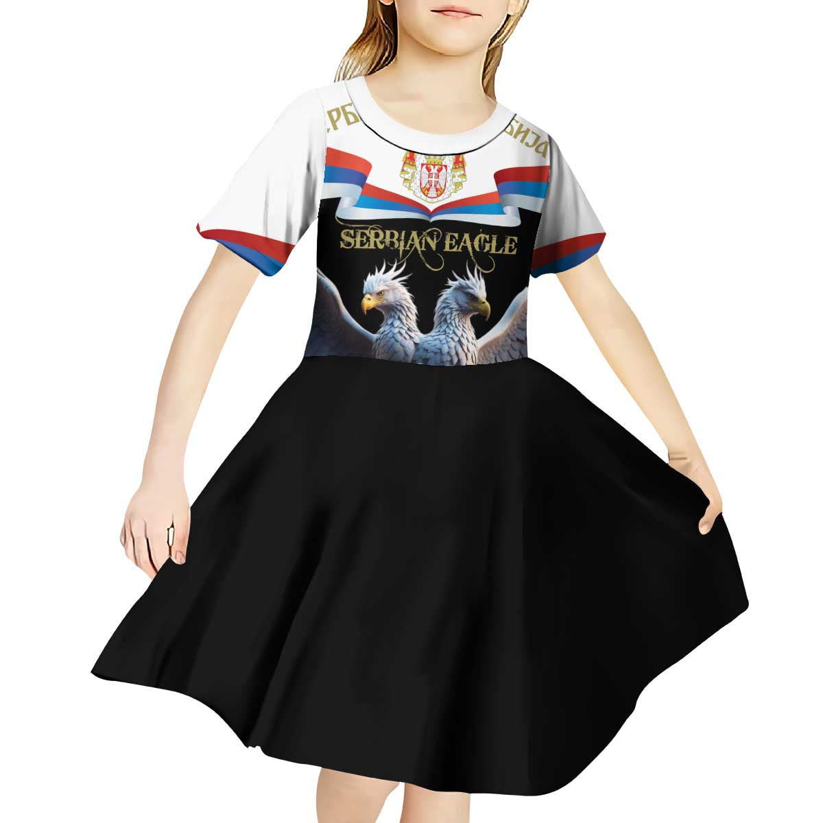 Serbia Silver Double-headed Eagle Kid Short Sleeve Dress - Wonder Print Shop