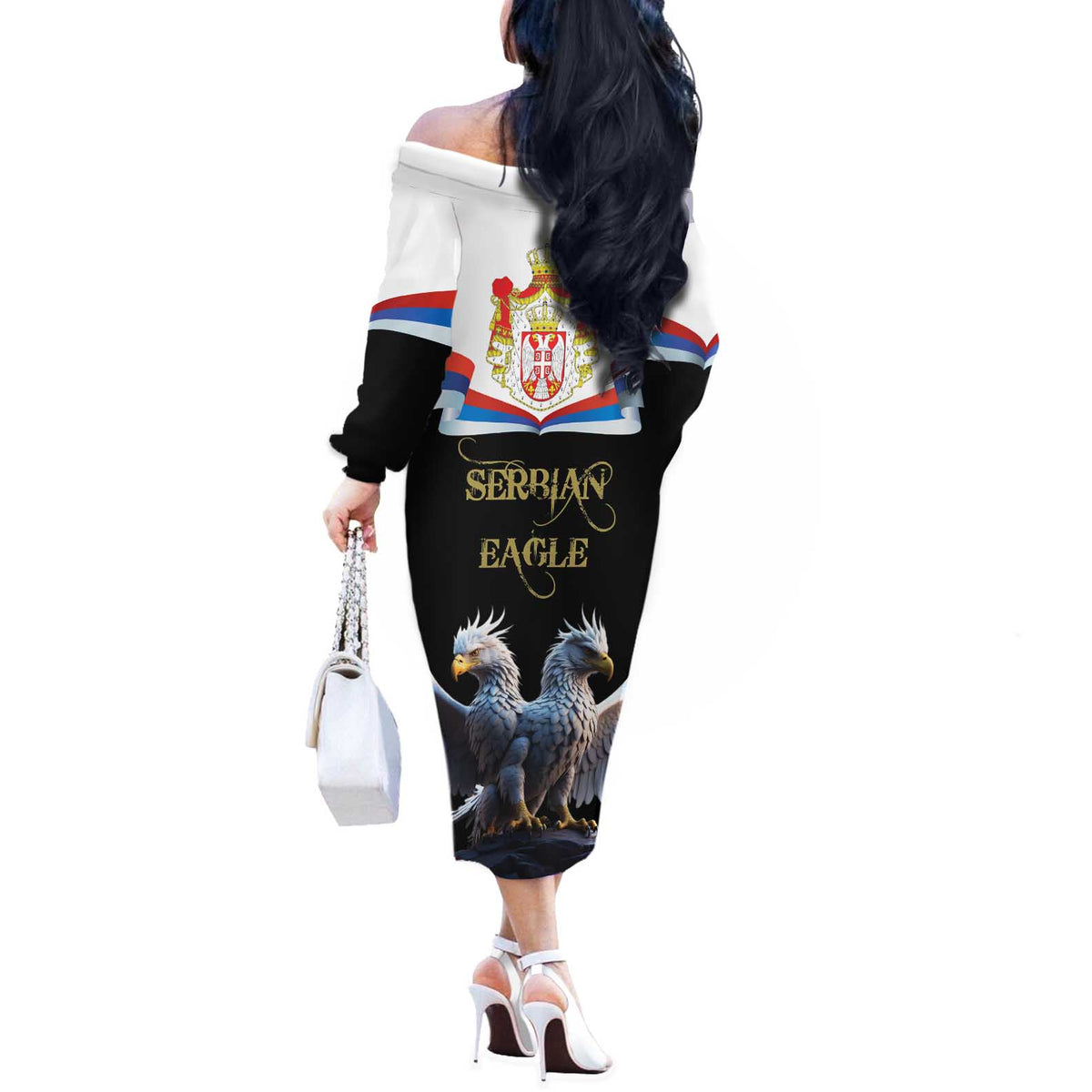 Serbia Silver Double-headed Eagle Off The Shoulder Long Sleeve Dress - Wonder Print Shop