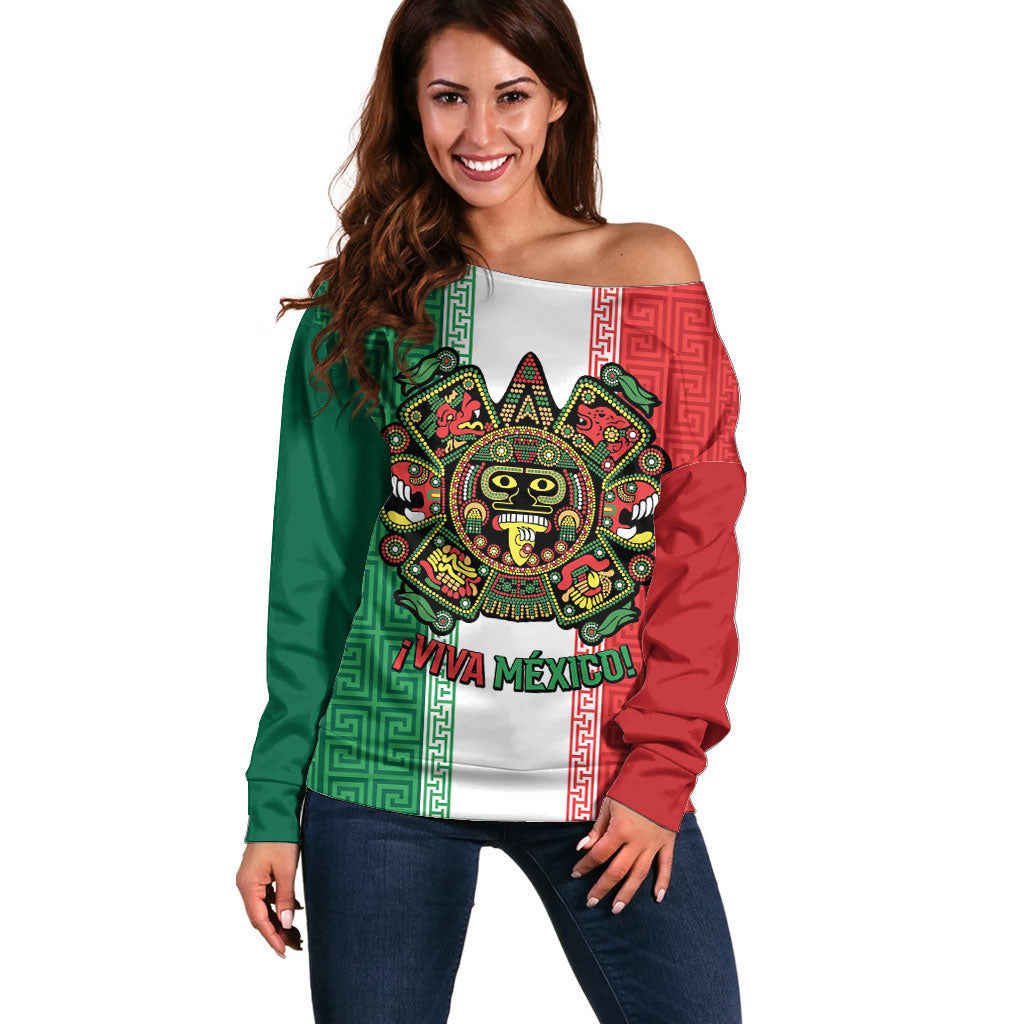 Custom Mexico Aztec Eagle Heritage Off Shoulder Sweater iViva Mexico Canta y no llores