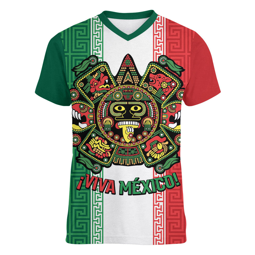Custom Mexico Aztec Eagle Heritage Women V-Neck T-Shirt iViva Mexico Canta y no llores