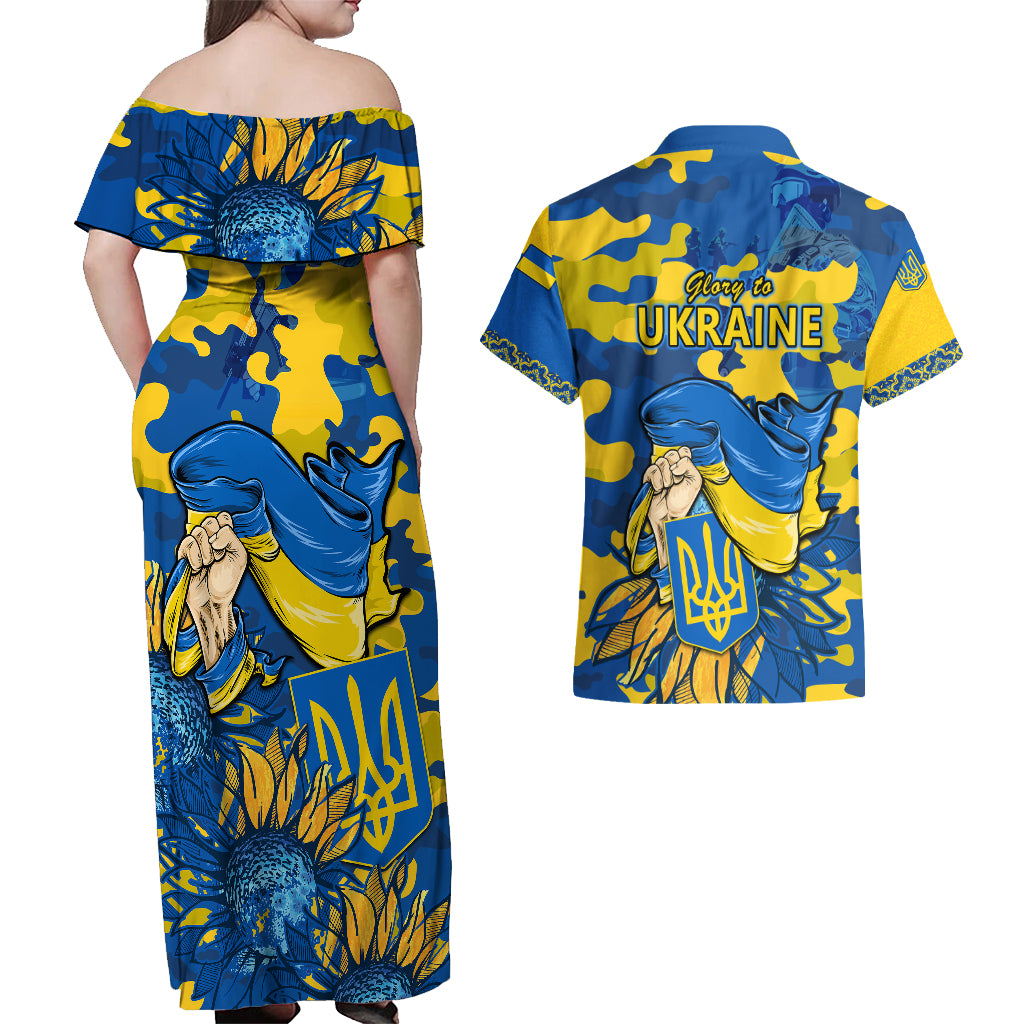 Ukraine Couples Matching Off Shoulder Maxi Dress and Hawaiian Shirt Glory To Ukraine 32nd Independence Anniversary LT9 - Wonder Print Shop