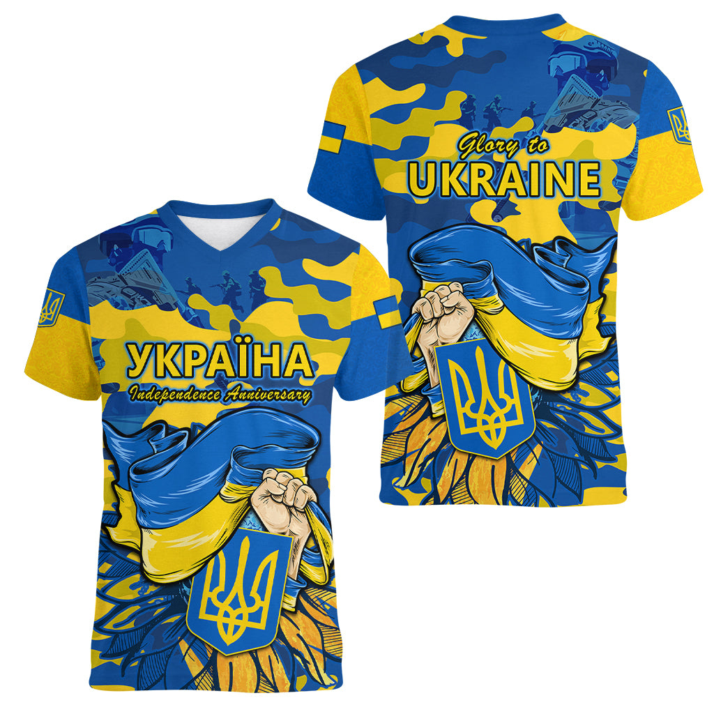 Ukraine Women V Neck T Shirt Glory To Ukraine 32nd Independence Anniversary - Wonder Print Shop