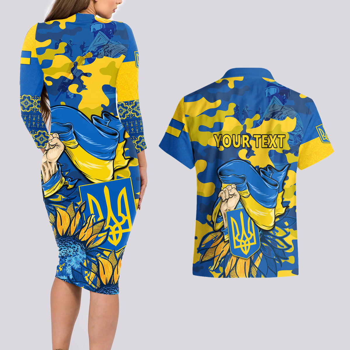 Personalised Ukraine Couples Matching Long Sleeve Bodycon Dress and Hawaiian Shirt Glory To Ukraine 32nd Independence Anniversary LT9 - Wonder Print Shop