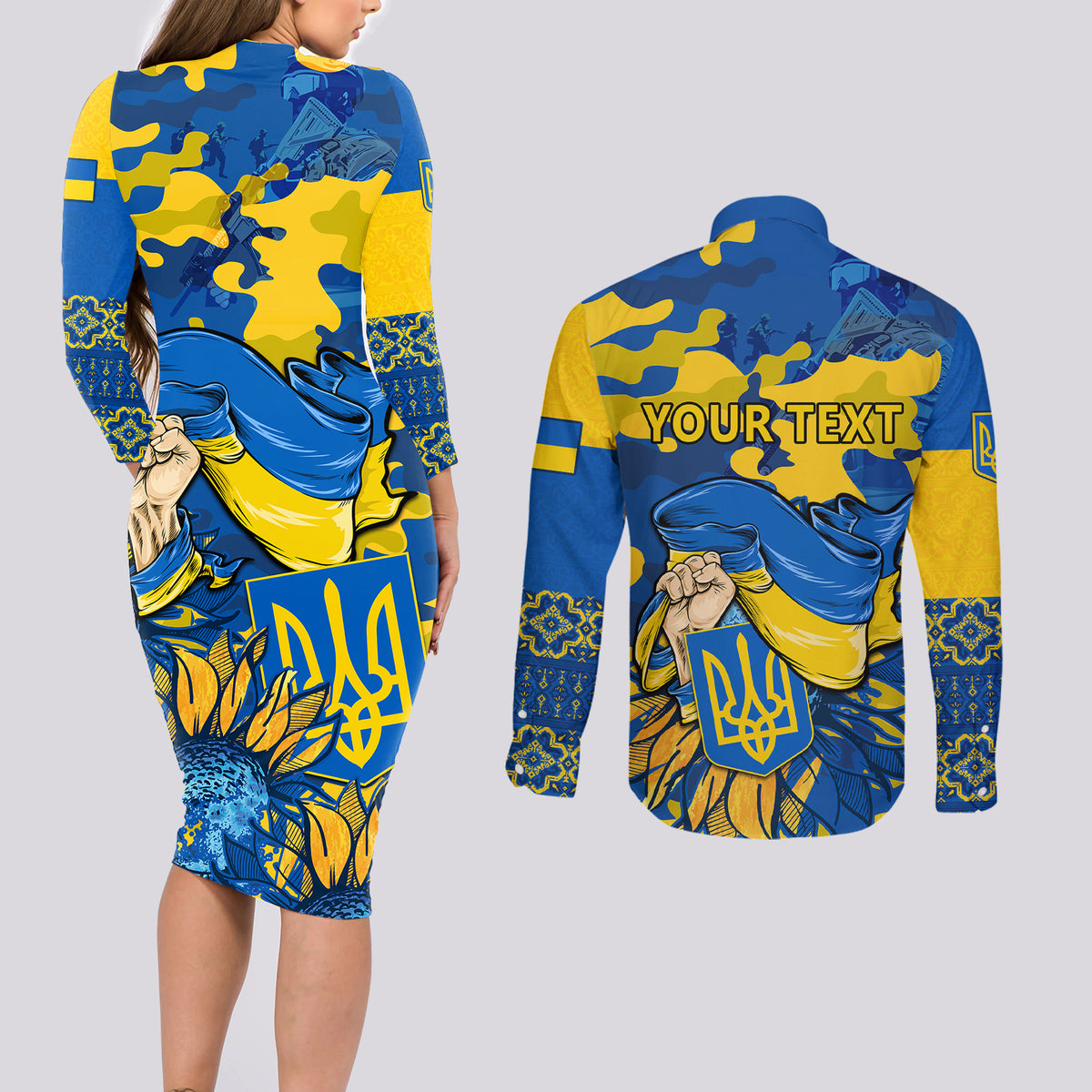 Personalised Ukraine Couples Matching Long Sleeve Bodycon Dress and Long Sleeve Button Shirts Glory To Ukraine 32nd Independence Anniversary LT9 - Wonder Print Shop