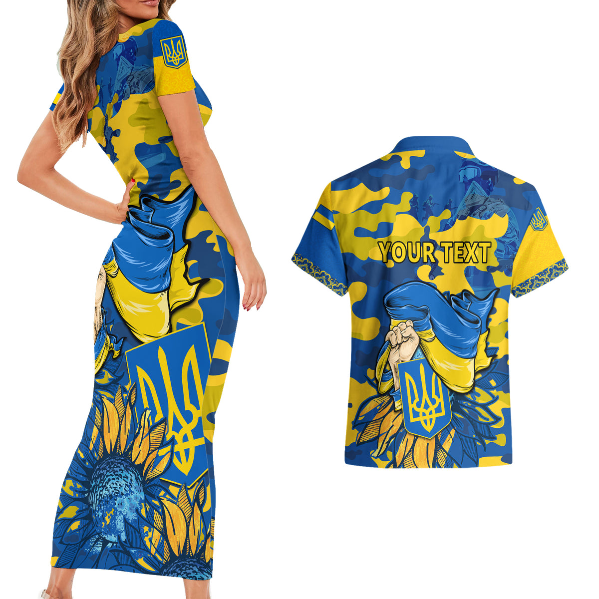Personalised Ukraine Couples Matching Short Sleeve Bodycon Dress and Hawaiian Shirt Glory To Ukraine 32nd Independence Anniversary LT9 - Wonder Print Shop