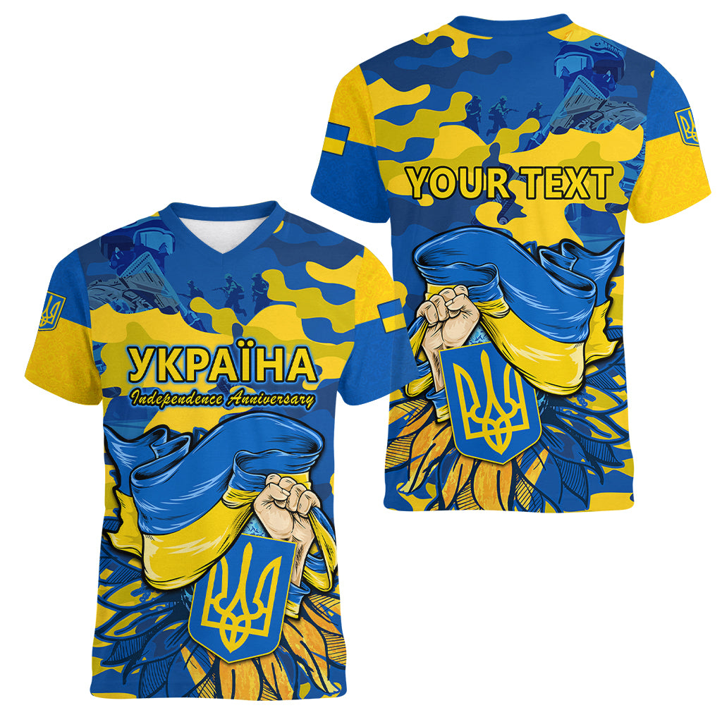 Personalised Ukraine Women V Neck T Shirt Glory To Ukraine 32nd Independence Anniversary - Wonder Print Shop