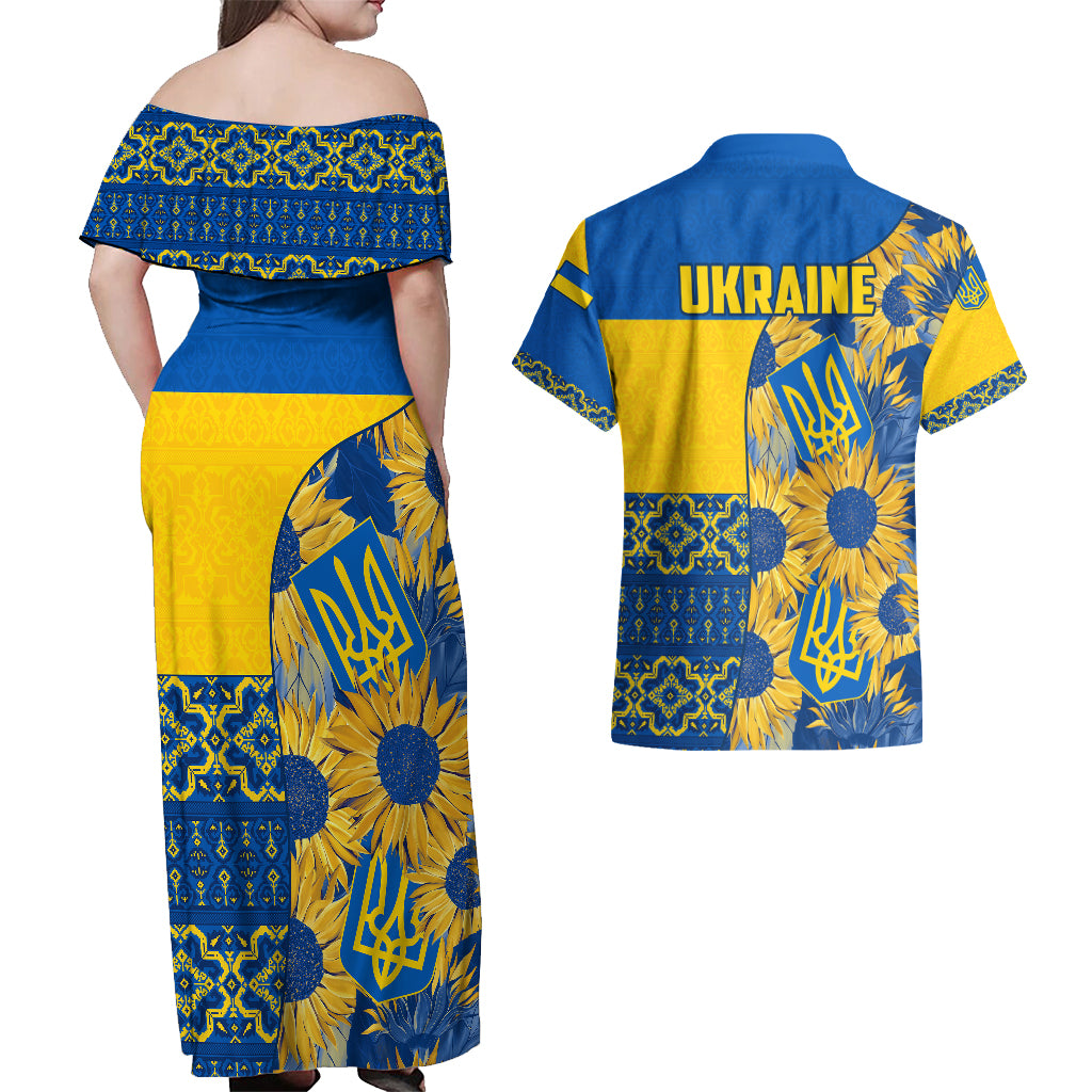 Ukraine Couples Matching Off Shoulder Maxi Dress and Hawaiian Shirt Ukrainian Coat of Arms and Folk Sunflower LT9 - Wonder Print Shop