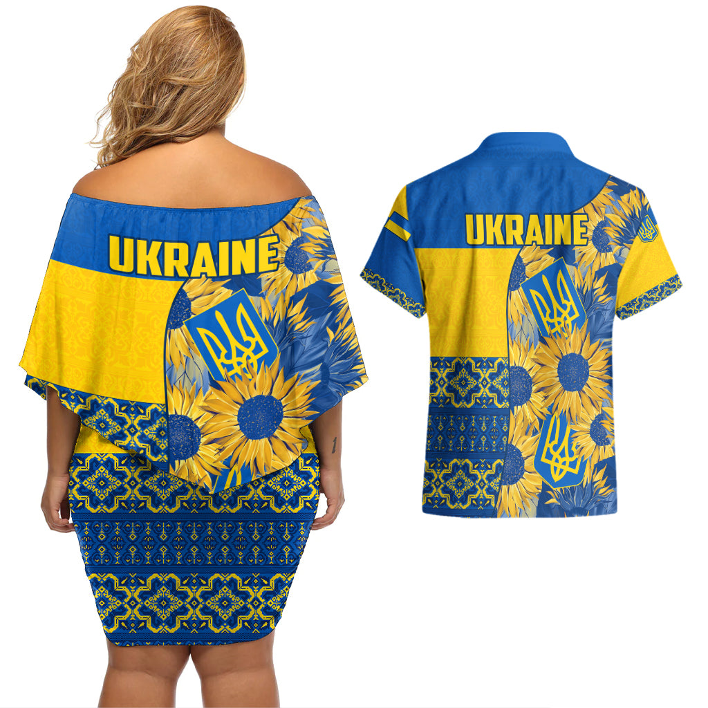 Ukraine Couples Matching Off Shoulder Short Dress and Hawaiian Shirt Ukrainian Coat of Arms and Folk Sunflower LT9 - Wonder Print Shop