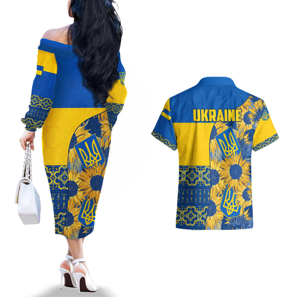 Ukraine Couples Matching Off The Shoulder Long Sleeve Dress and Hawaiian Shirt Ukrainian Coat of Arms and Folk Sunflower LT9 - Wonder Print Shop