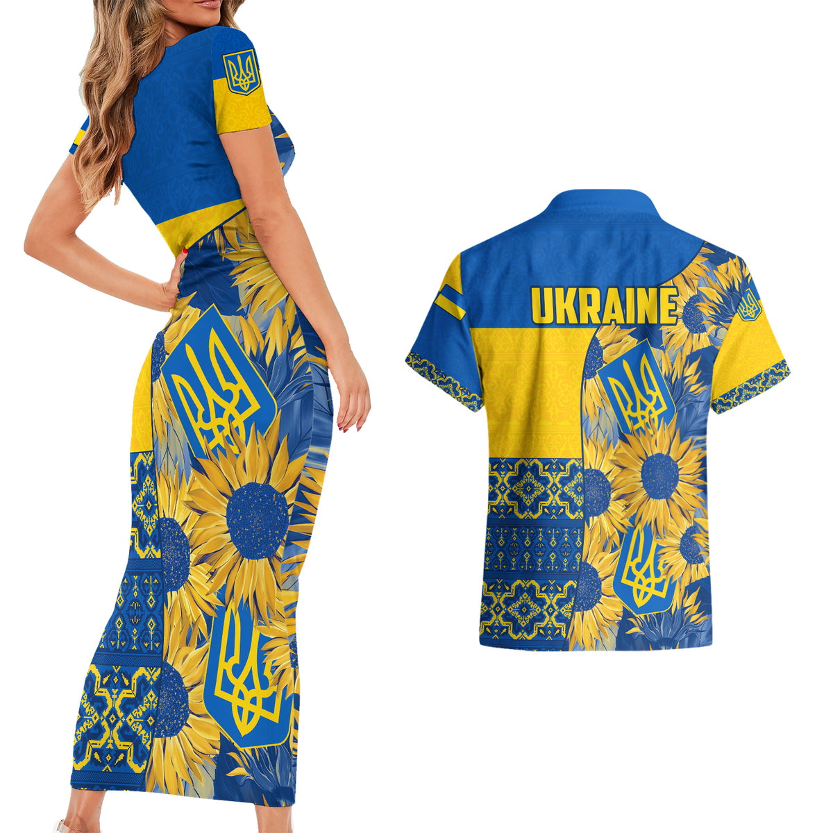Ukraine Couples Matching Short Sleeve Bodycon Dress and Hawaiian Shirt Ukrainian Coat of Arms and Folk Sunflower LT9 - Wonder Print Shop