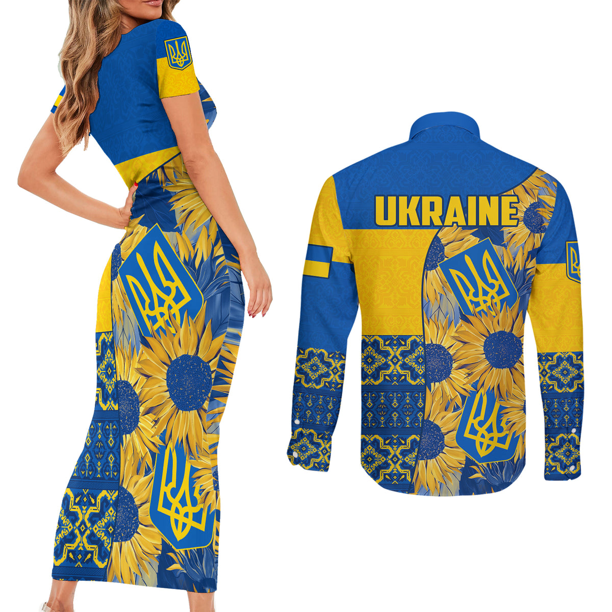 Ukraine Couples Matching Short Sleeve Bodycon Dress and Long Sleeve Button Shirts Ukrainian Coat of Arms and Folk Sunflower LT9 - Wonder Print Shop