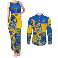 Ukraine Couples Matching Tank Maxi Dress and Long Sleeve Button Shirts Ukrainian Coat of Arms and Folk Sunflower LT9 - Wonder Print Shop